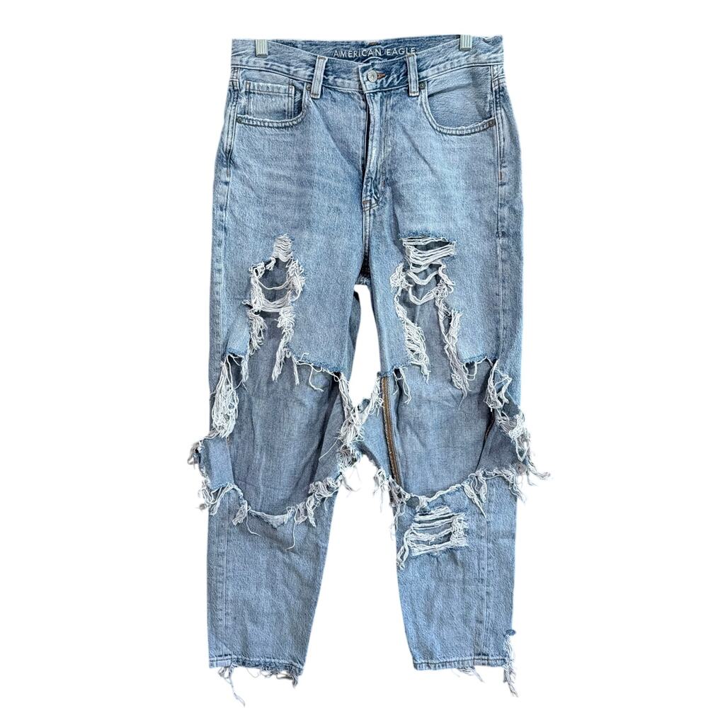 American Eagle Womens Jeans Blue Denim High Rise Mom Jean Distressed Thrashed 8